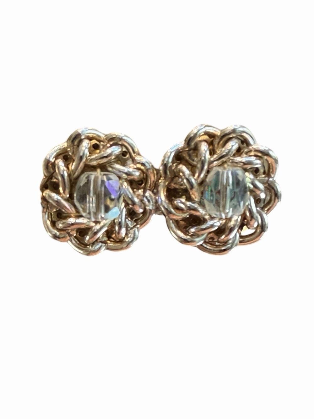 Vintage Gold Tone Chain Link Clip On Earrings AB Aurora Borealis Bead Japan